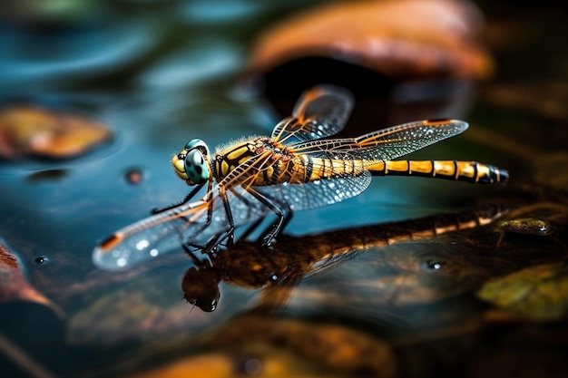 Libellula su uno stagno con foglie sul terreno