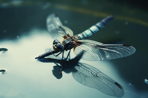 Libellula sull'acqua con una libellula blu e verde sull'acqua.