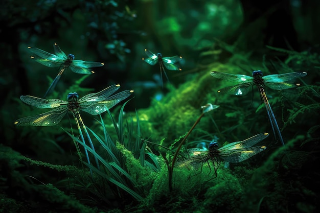 Libellule luminose nella foresta verde IA generativa