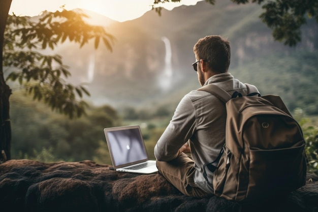 Libero professionista maschio che utilizza il laptop in un paesaggio tropicale Posto di lavoro remoto in natura Nomade digitale