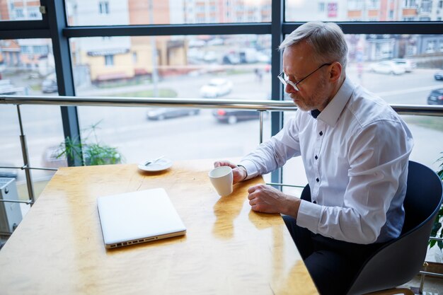 Libero professionista maschio sta lavorando in un bar su un nuovo progetto di business. Si siede a una grande finestra al tavolo. Guarda lo schermo di un laptop con una tazza di caffè