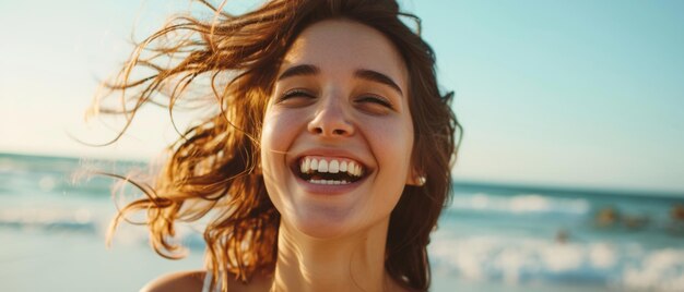 Libertà euforica una giovane donna spensierata ride di cuore sullo sfondo di una spiaggia i capelli danzano nella brezza del mare