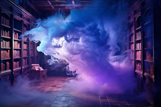 Libreria con fumo blu e viola