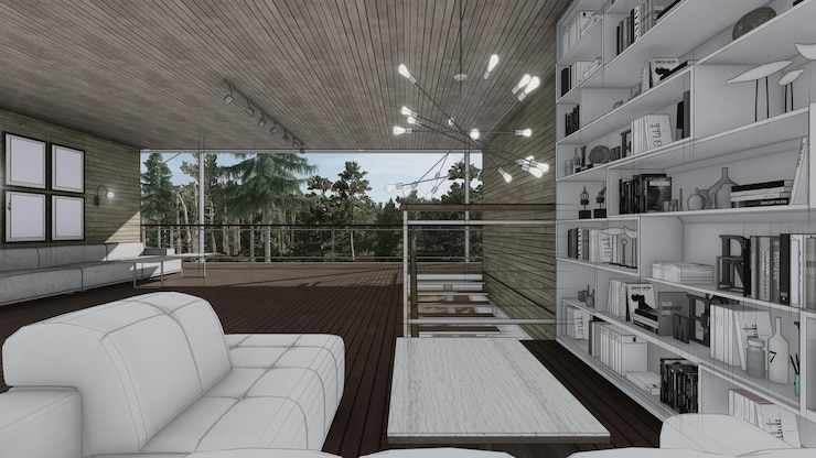 Foto libreria da tavolo divano in soggiorno schizzo moderno design per la casa 3d illustrazione