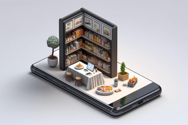 Libreria online moderna isometrica o app per ebook di concetto di biblioteca