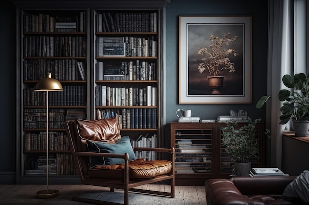 Libreria piena di libri e sedia in pelle marrone nello studio creato con l'IA generativa