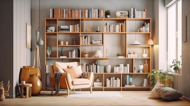 Libreria scandinava con poltrona in un moderno e accogliente interno della stanza Biblioteca domestica con scaffale Generative Ai