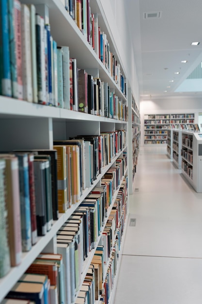 Librerie bianche nella biblioteca su cui ci sono molti libri