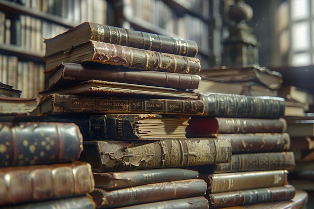 Libri antichi accatastati in una libreria accogliente