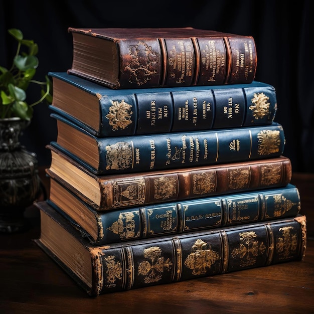 Libri antichi impilati su un tavolo di legno dall'eleganza senza tempo