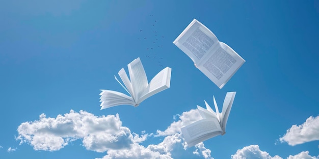 Libri aperti che volano nel cielo