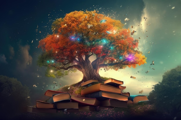 Libri con albero su punti luminosi colorati e paesaggi creati utilizzando la tecnologia generativa ai