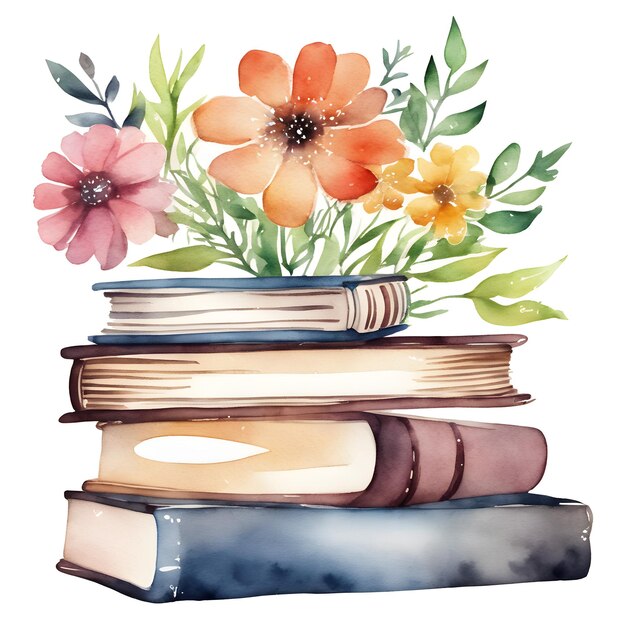 Libri con bellissimi fiori Acquerello dipinto a mano illustrazione isolata su sfondo bianco