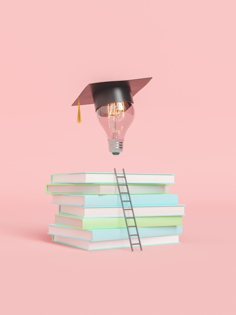 Libri con scala che porta alla lampadina nel cappuccio di graduazione