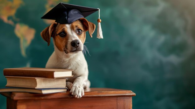 libri del globo e cane carino in berretto di laurea su sfondo vivido minimalista con spazio per la copia