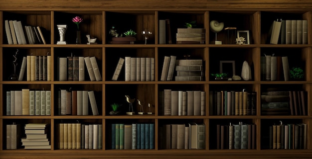 Libri della biblioteca classica del fondo di legno della parete o parete dell'armadietto