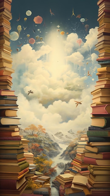 Libri di illustrazione della biblioteca e scaffali per libri, luce della conoscenza del cielo blu e carta da parati educativa
