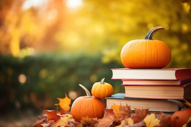 Libri di zucca e foglie di autunno su uno sfondo verde