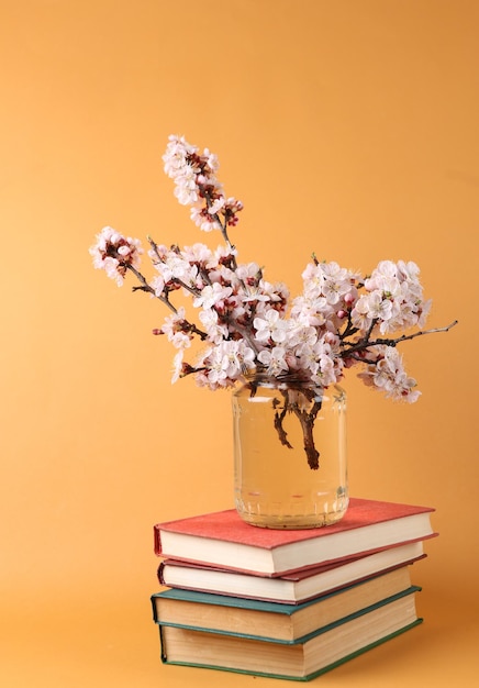 Libri e Bellissimi rami fioriti in vaso di vetro su sfondo marrone