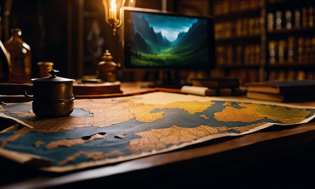 Libri e mappa mappa del tesoro sul tavolo nella sala studio