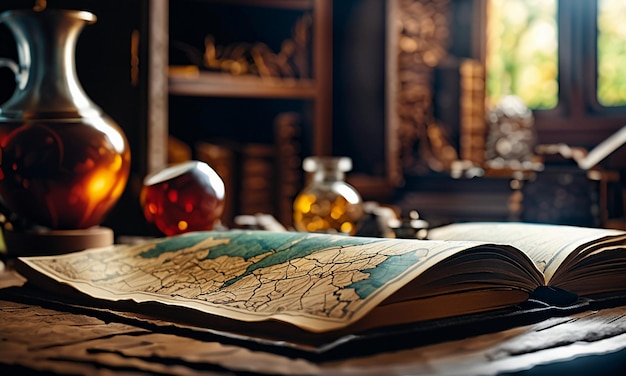 Libri e mappa mappa del tesoro sul tavolo nella sala studio