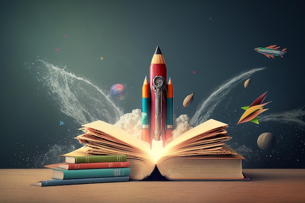 Libri e matite con Rocket Sketch illustrazione AI generativa