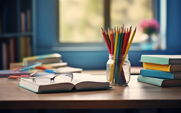 Libri e matite sul tavolo della scuola contro l'IA della lavagna