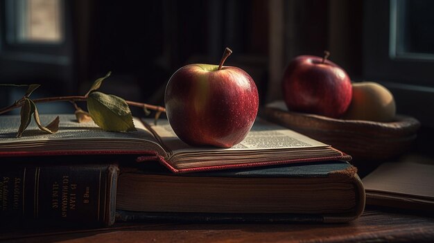 Libri e mele su un tavolo di legno in una stanza buia Messa a fuoco selettiva ai