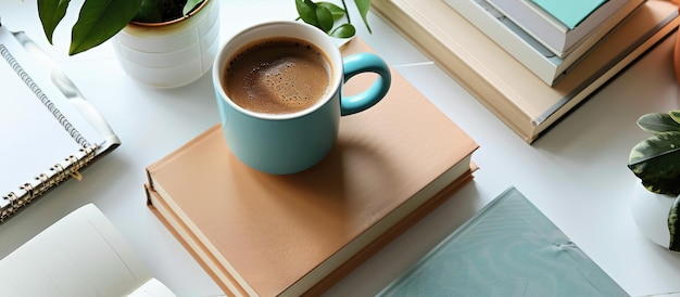 Libri e una tazza di caffè sono disposti su una scrivania bianca per mostrare i prodotti