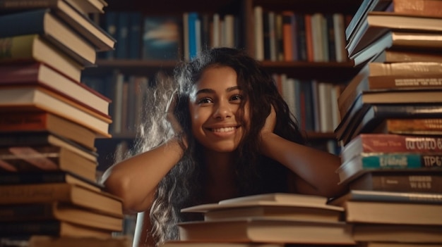 Libri felici e studio con la ragazza in biblioteca per conoscenza felicità e fiaba