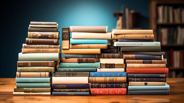 Libri in pila libri aperti libri a copertina rigida su tavolo di legno e blu