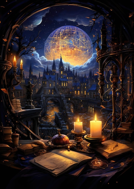 libri notte candele sognante fantasia mistero tarocchi illustrazione arte tatuaggio poster carta notte