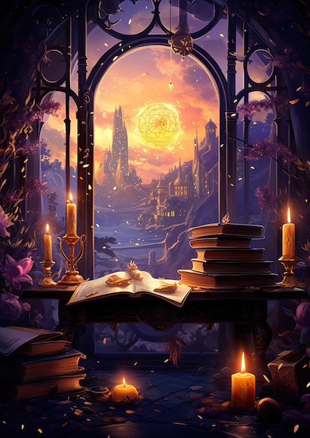 libri notte candele sognante fantasia mistero tarocchi illustrazione arte tatuaggio poster carta notte