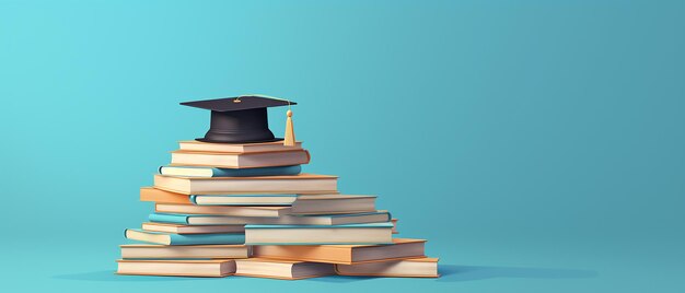 Libri scolastici o libri di testo impilati con un tappo di laurea