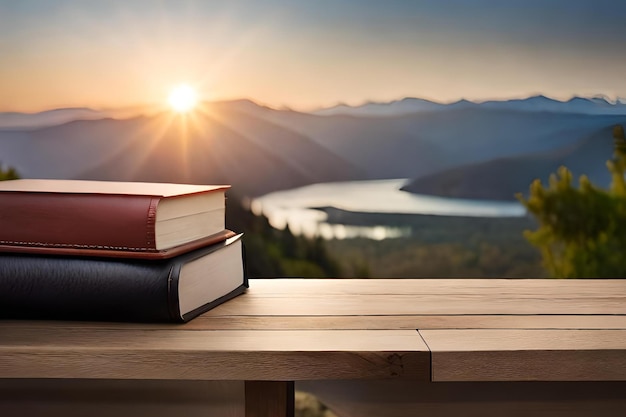 Libri su un tavolo con un tramonto sullo sfondo