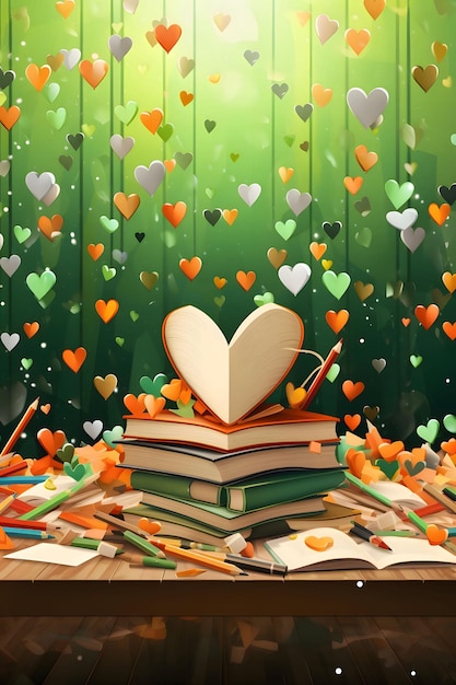 Libri su uno sfondo verde, cuori cadenti, confetti, feste di Capodanno e celebrazioni.