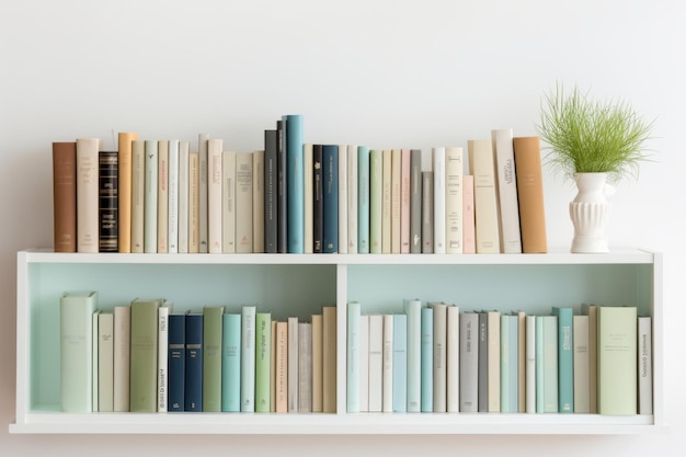 Libri sullo scaffale Libreria in legno piena di libri Illustrazione AI generativa
