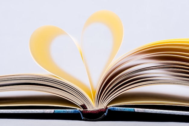Libro a forma di cuore. Pagina del libro a forma di cuore, concentrarsi sulle conoscenze acquisite.