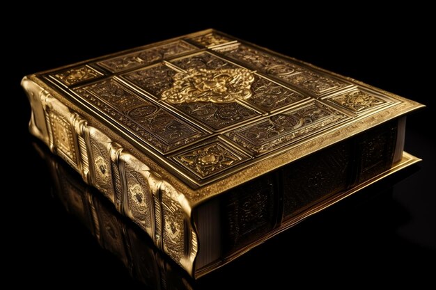 Libro antico e sacro decorato d'oro su sfondo nero ai generativo