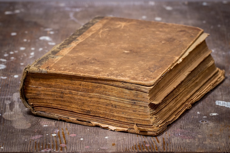Foto libro antico sul vecchio tavolo di legno