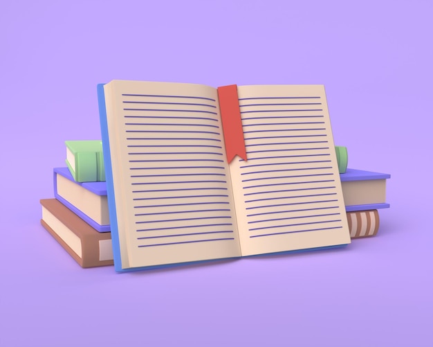 Libro aperto 3D con libri di testo educativi su sfondo viola rendering 3D