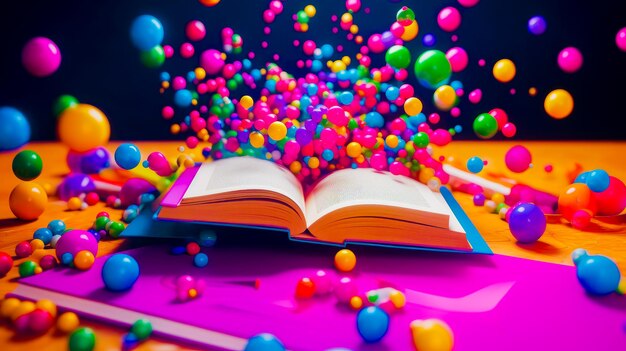 Libro aperto circondato da palline colorate e stelle filanti di coriandoli IA generativa