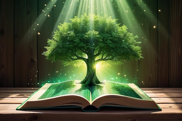 Libro aperto con albero verde magico e raggi di luce sul ponte di legno