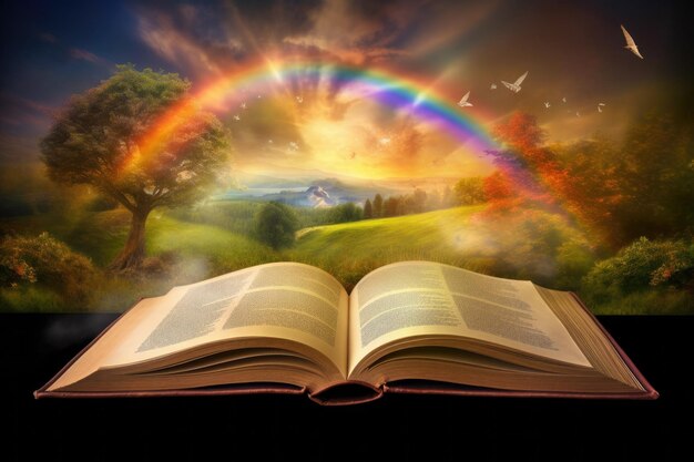 Libro aperto con arcobaleno e mondo magico Pagine aperte vecchio libro magico con mondo fantastico magico Racconto di favole istruzione narrazione fantasia e concetto letterario