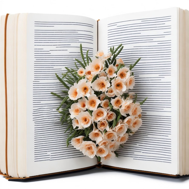 Libro aperto con fiori isolati su sfondo bianco