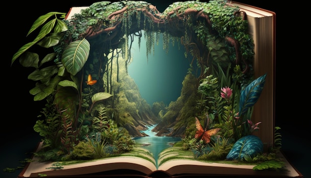 Libro aperto con foresta fantasy e fiume su sfondo nero IA generativa