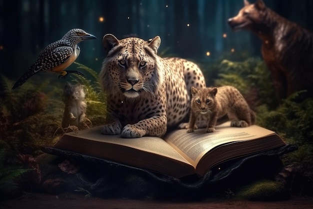 Libro aperto con il magico mondo della natura con animali libro a tema animale