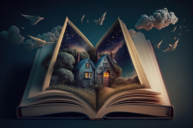 Libro aperto con il magico mondo della natura della casa e del cielo