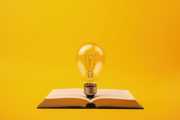 Libro aperto con lampadina su sfondo giallo concetto di idea e creatività AI