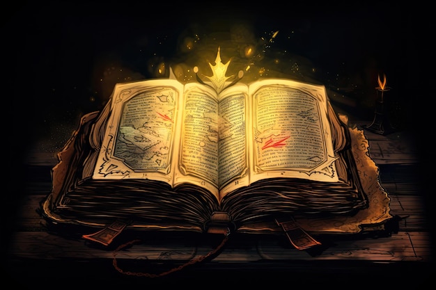 Libro aperto con luce magica e fuoco sulle pagine Concetto di Halloween Libro sacro splendente Banner del libro antico AI generato